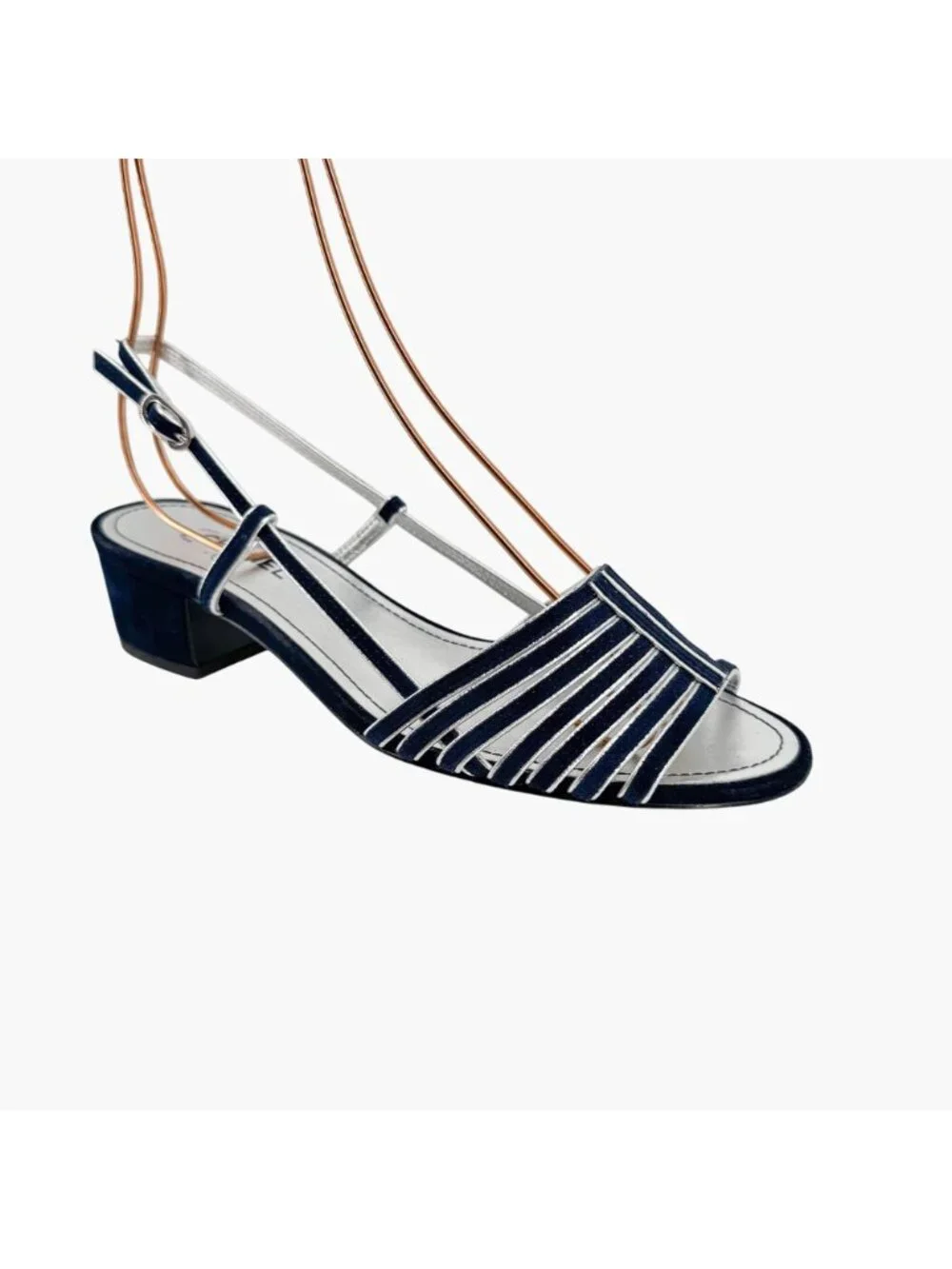 Chanel CC Strappy Slingback Sandals Block Heel Navy Blue Silver Size 37 US 6-6.5